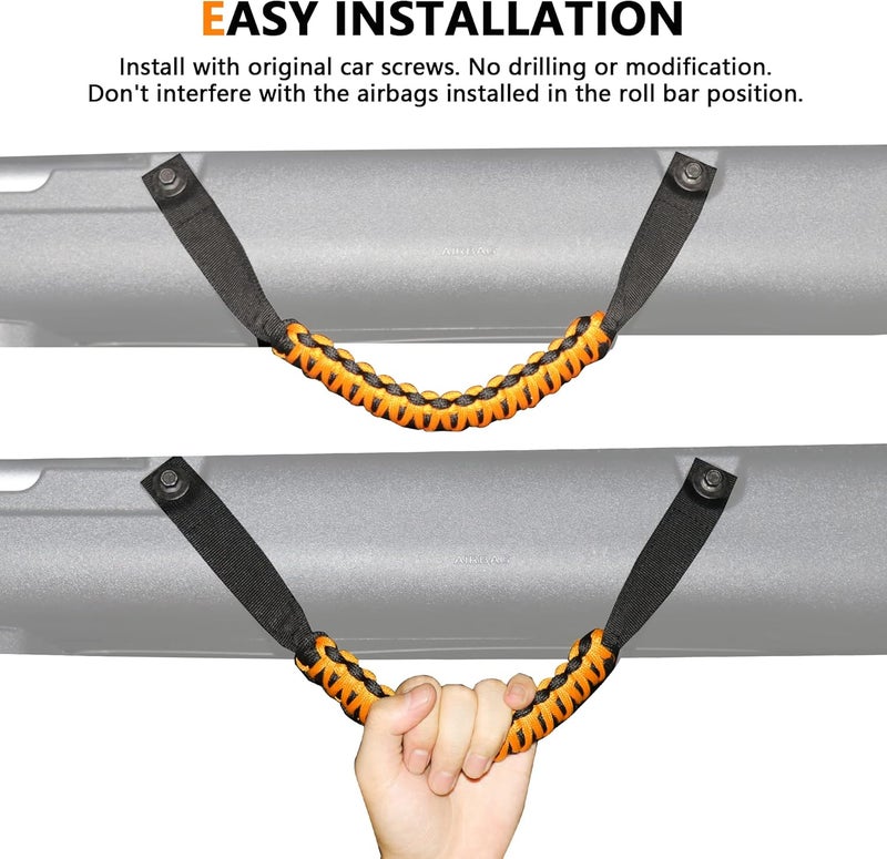 RERPRO 4 Pack Grab Handles for Ford Bronco Accessories 2021 2022 2023 2024 2025 2 Door 4 Door Interior Paracord Roll Bar Grip Door Handle No Embroidery Cyber Orange - Image 3